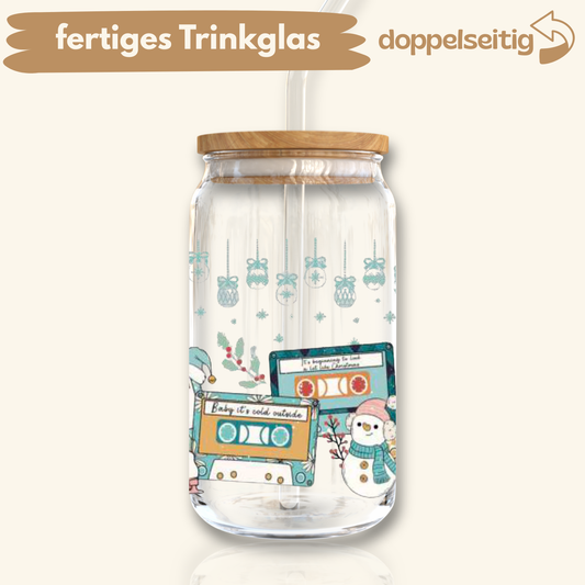 [ Doppelseitig ] 500 ml Trinkglas mit Deckel und Strohhalm | Kassetten