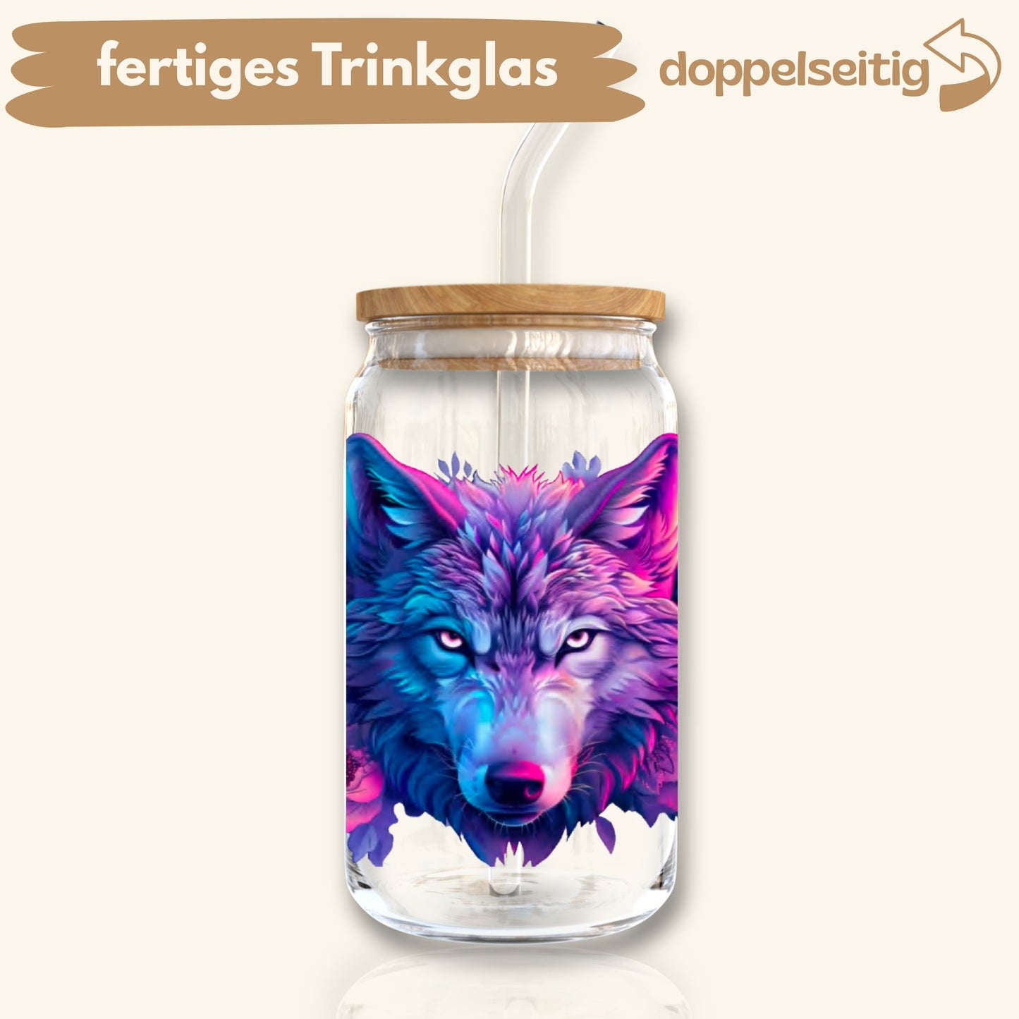 [ Doppelseitig ] 500 ml Trinkglas mit Deckel und Strohhalm | Wolf