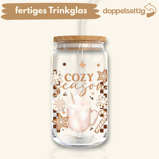 [ Doppelseitig ] 500 ml Trinkglas mit Deckel und Strohhalm | cozy season