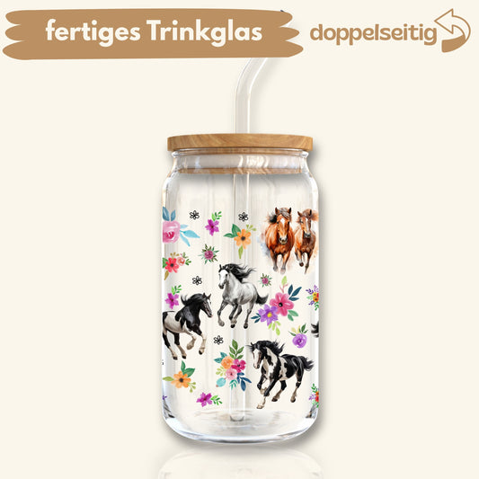 [ Doppelseitig ] 500 ml Trinkglas mit Deckel und Strohhalm | Pferde