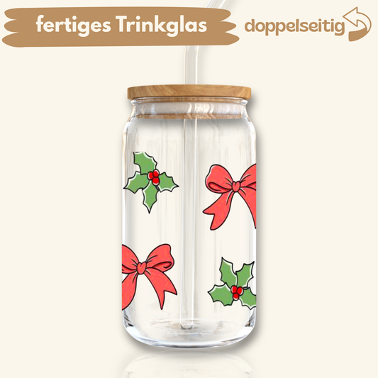 [ Doppelseitig ] 500 ml Trinkglas mit Deckel und Strohhalm | X-Mas Schleifen