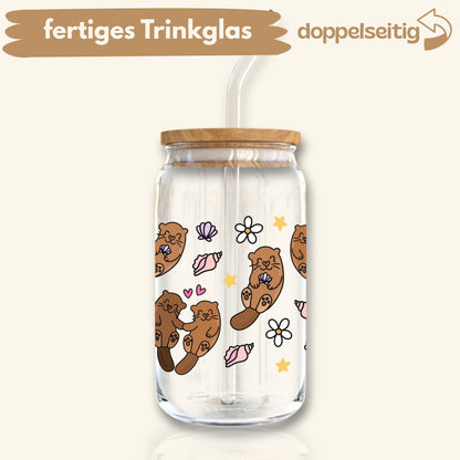 [ Doppelseitig ] 500 ml Trinkglas mit Deckel und Strohhalm | Otter