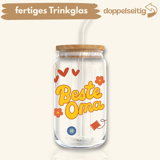 [ Doppelseitig ] 500 ml Trinkglas mit Deckel und Strohhalm | Beste Oma