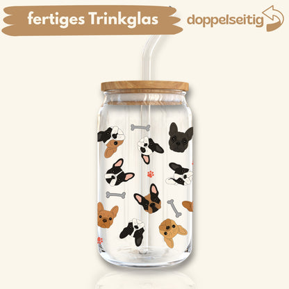[ Doppelseitig ] 500 ml Trinkglas mit Deckel und Strohhalm | French Bulldog