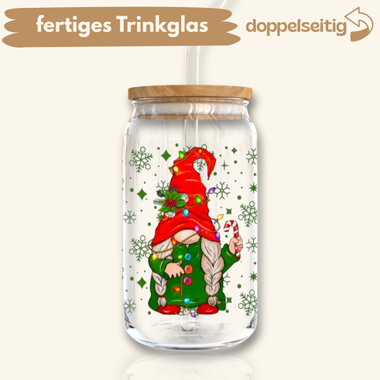 [ Doppelseitig ] 500 ml Trinkglas mit Deckel und Strohhalm | Gnome