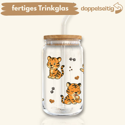[ Doppelseitig ] 500 ml Trinkglas mit Deckel und Strohhalm | Tiger