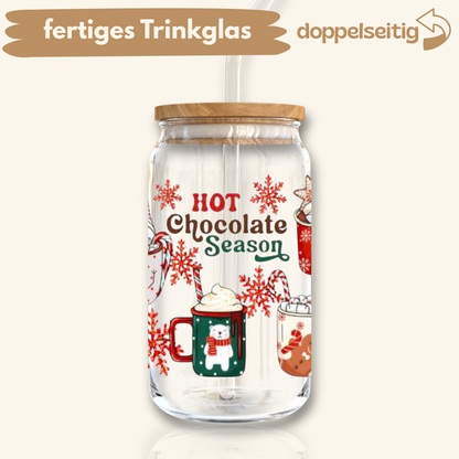 [ Doppelseitig ] 500 ml Trinkglas mit Deckel und Strohhalm | hot chocolate season