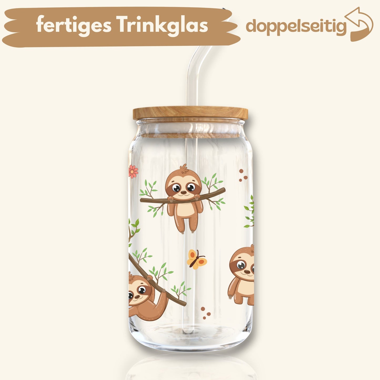 [ Doppelseitig ] 500 ml Trinkglas mit Deckel und Strohhalm | Baby Faultiere