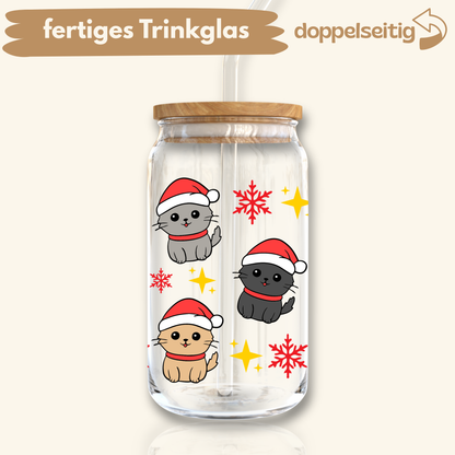 [ Doppelseitig ] 500 ml Trinkglas mit Deckel und Strohhalm | Weihnachtskatzen