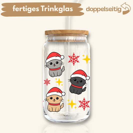 [ Doppelseitig ] 500 ml Trinkglas mit Deckel und Strohhalm | Weihnachtskatzen