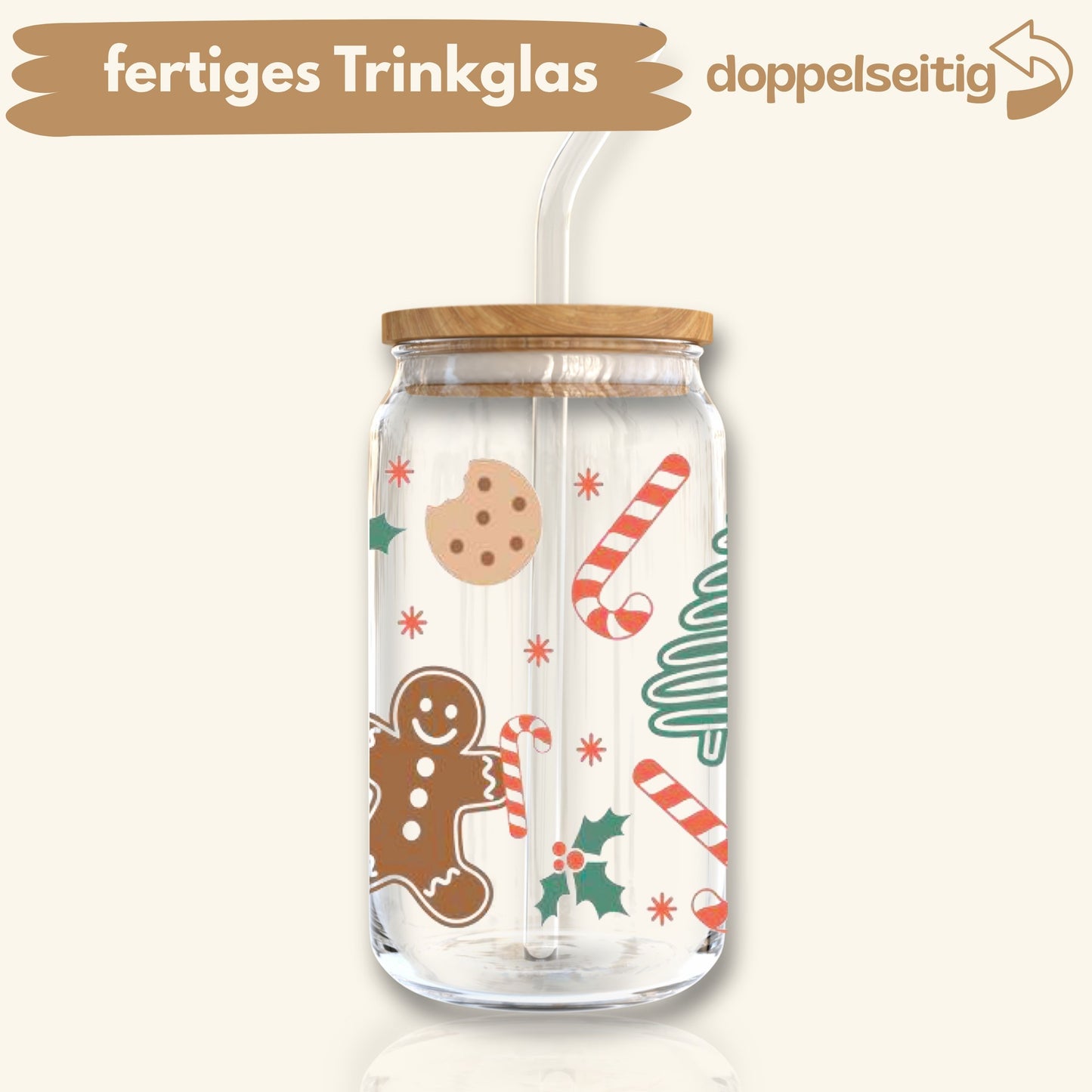 [ Doppelseitig ] 500 ml Trinkglas mit Deckel und Strohhalm | Cookie