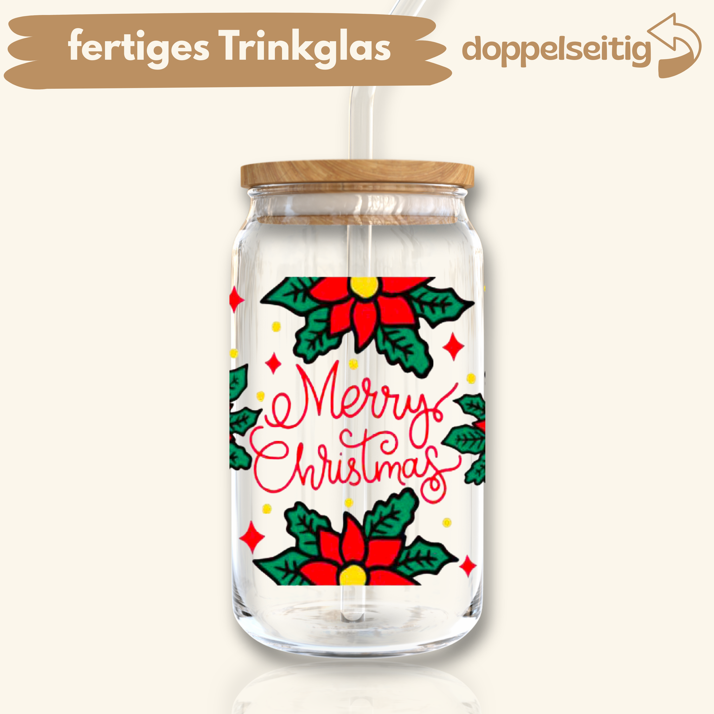 [ Doppelseitig ] 500 ml Trinkglas mit Deckel und Strohhalm | Merry Christmas