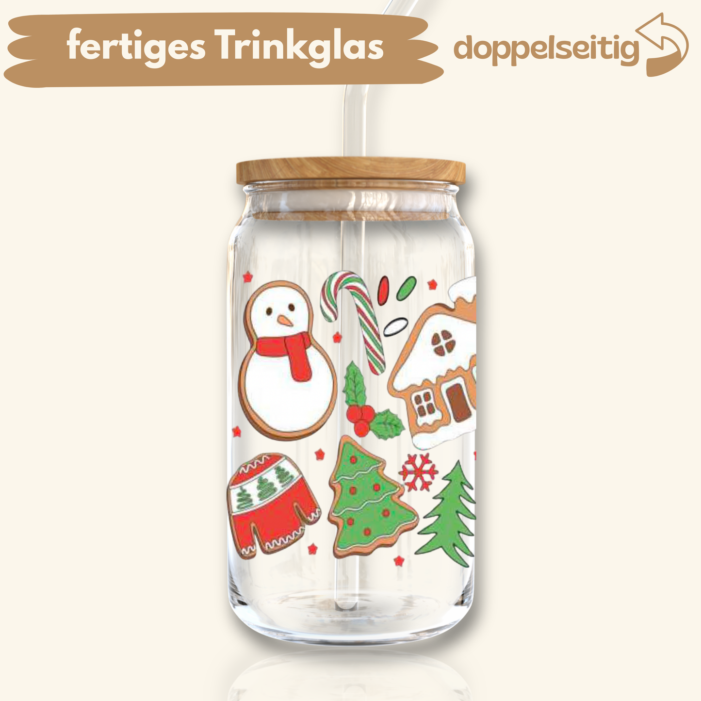 [ Doppelseitig ] 500 ml Trinkglas mit Deckel und Strohhalm | Plätzchen