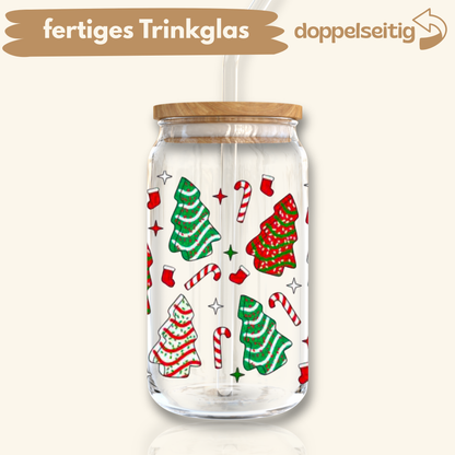 [ Doppelseitig ] 500 ml Trinkglas mit Deckel und Strohhalm | Tannenbaum Kekse