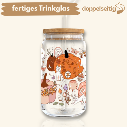 [ Doppelseitig ] 500 ml Trinkglas mit Deckel und Strohhalm | Herbst Kürbis Katzen