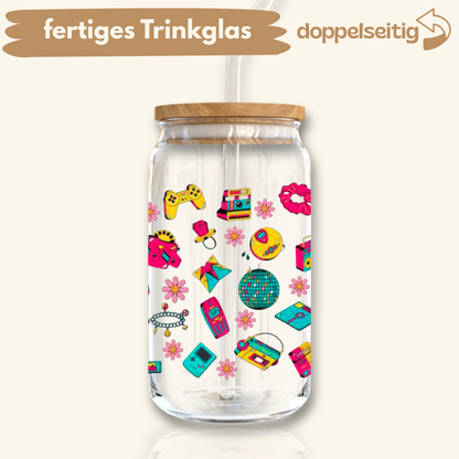 [ Doppelseitig ] 500 ml Trinkglas mit Deckel und Strohhalm | Retro Nostalgie