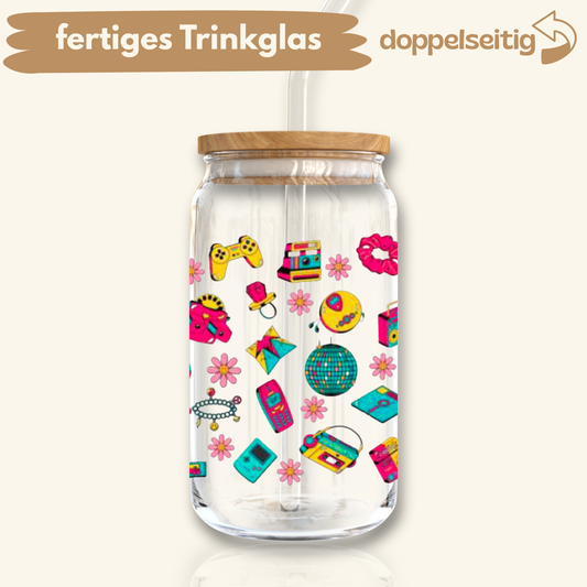 [ Doppelseitig ] 500 ml Trinkglas mit Deckel und Strohhalm | Retro Nostalgie