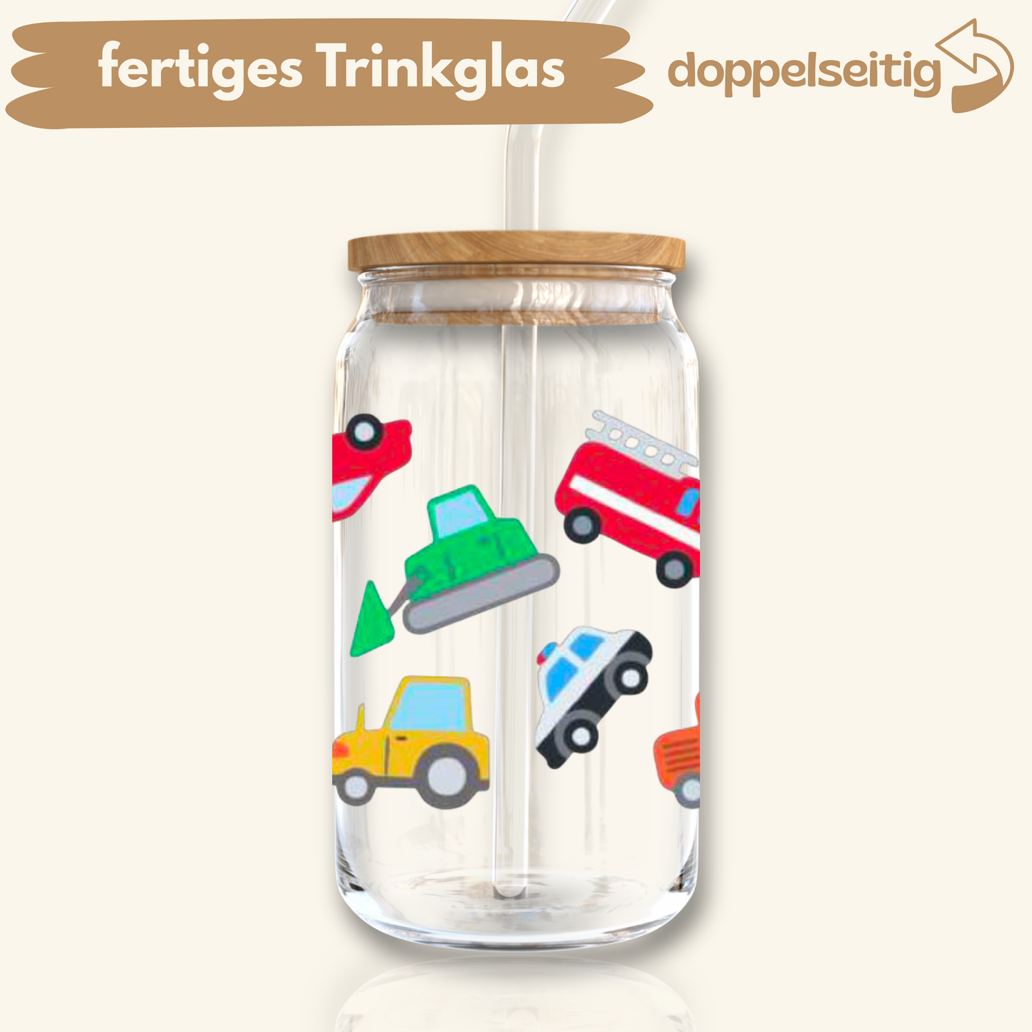 [ Doppelseitig ] 500 ml Trinkglas mit Deckel und Strohhalm | Autos
