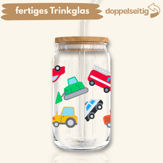 [ Doppelseitig ] 500 ml Trinkglas mit Deckel und Strohhalm | Autos