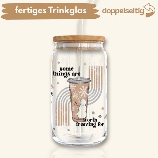 [ Doppelseitig ] 500 ml Trinkglas mit Deckel und Strohhalm | freezing