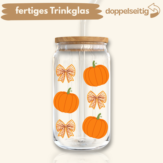 [ Doppelseitig ] 500 ml Trinkglas mit Deckel und Strohhalm | Kürbis