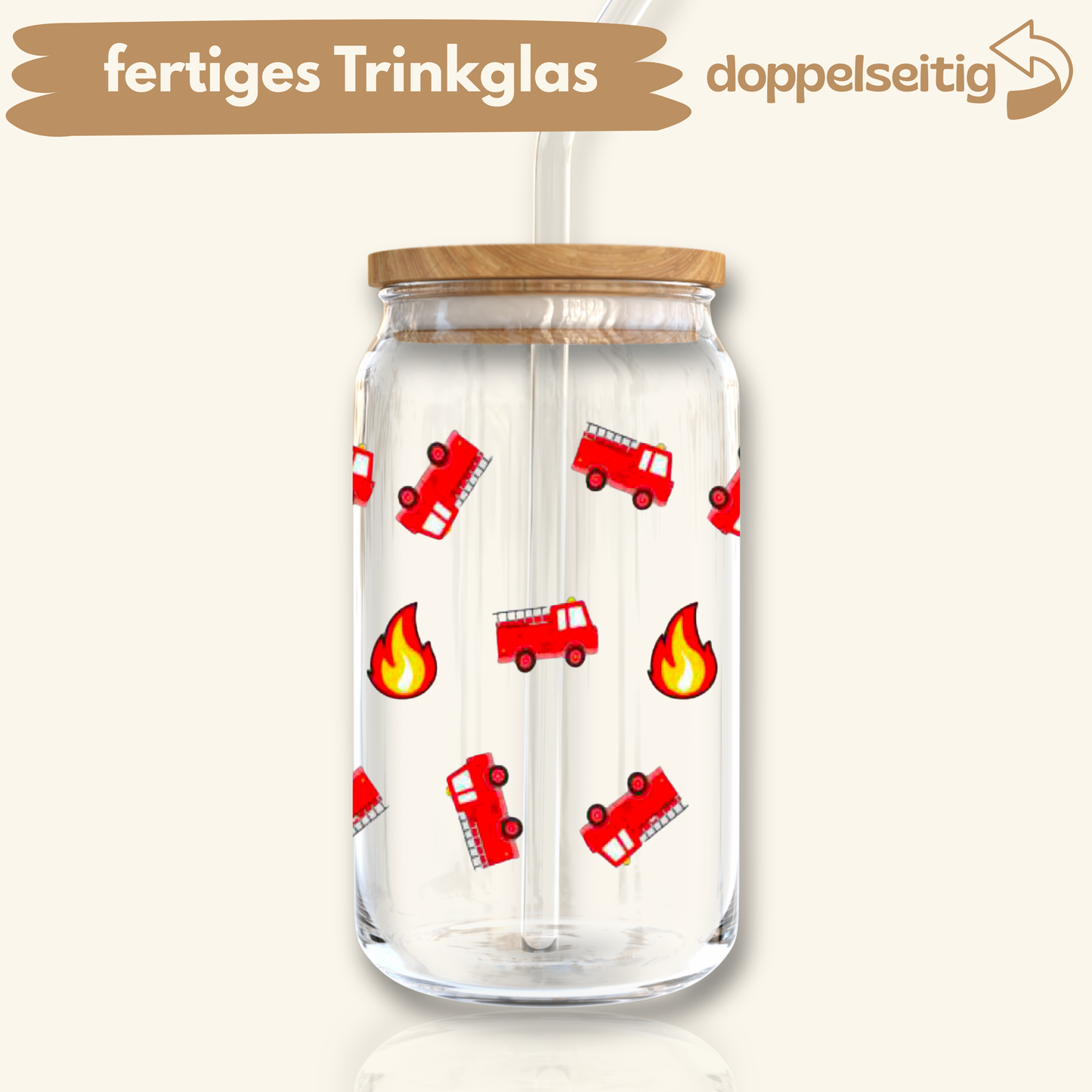 [ Doppelseitig ] 500 ml Trinkglas mit Deckel und Strohhalm | Feuerwehr