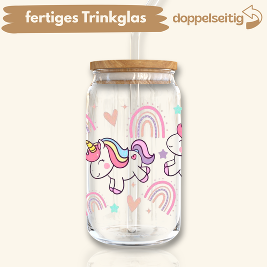 [ Doppelseitig ] 500 ml Trinkglas mit Deckel und Strohhalm | Baby Einhörner