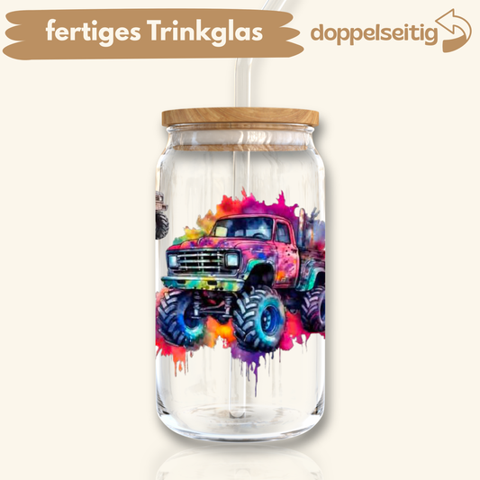 [ Doppelseitig ] 500 ml Trinkglas mit Deckel und Strohhalm | Monster Trucks