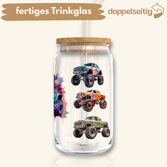 [ Doppelseitig ] 500 ml Trinkglas mit Deckel und Strohhalm | Monster Trucks