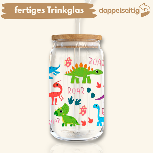 [ Doppelseitig ] 500 ml Trinkglas mit Deckel und Strohhalm | Dino