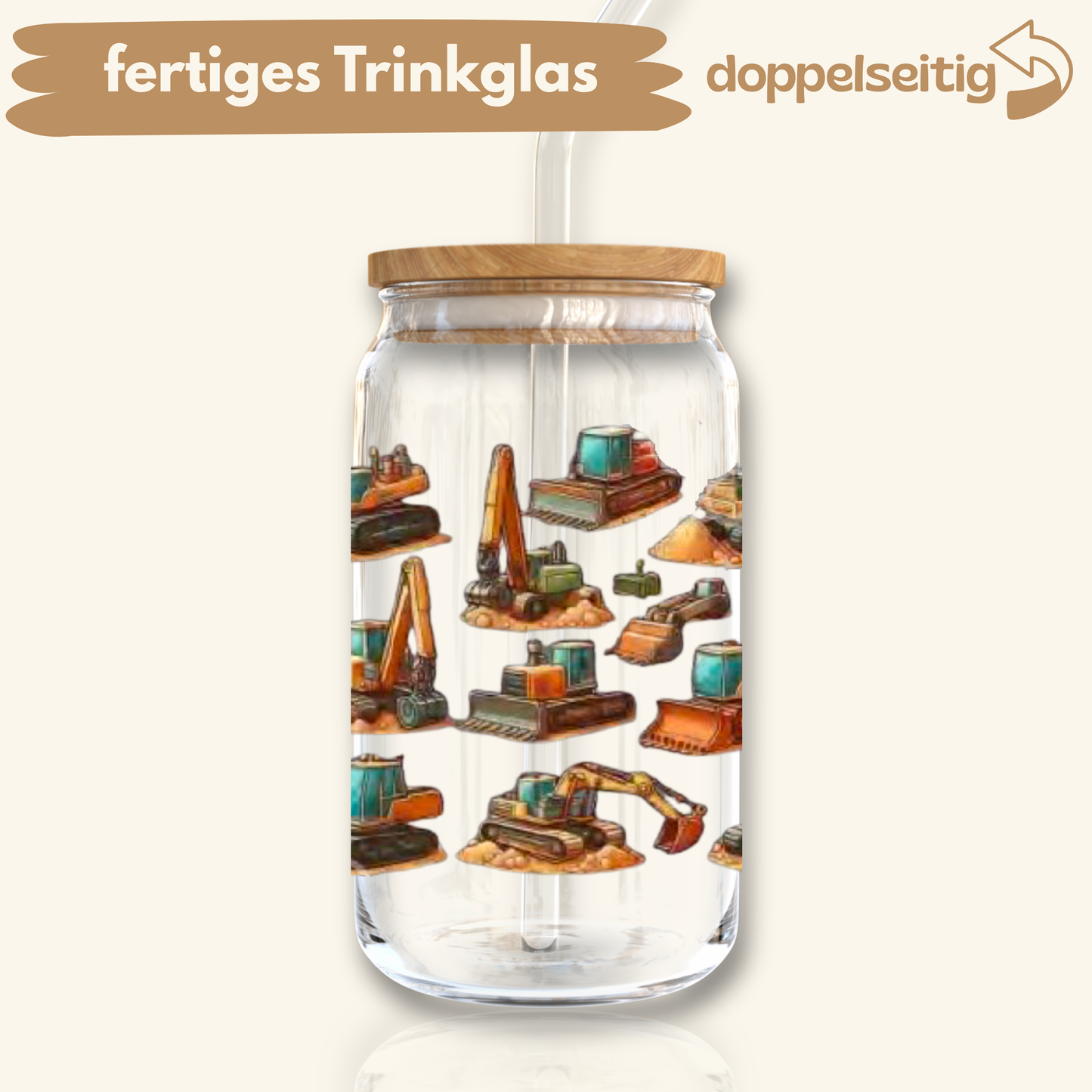 [ Doppelseitig ] 500 ml Trinkglas mit Deckel und Strohhalm | Bagger