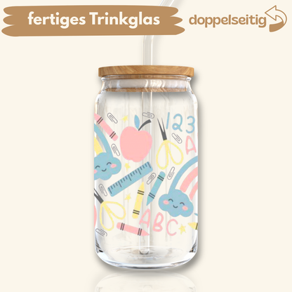[ Doppelseitig ] 500 ml Trinkglas mit Deckel und Strohhalm | Schule