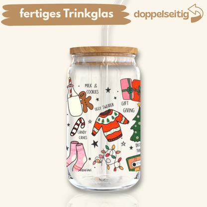 [ Doppelseitig ] 500 ml Trinkglas mit Deckel und Strohhalm | X-Mas Sprüche