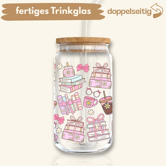 [ Doppelseitig ] 500 ml Trinkglas mit Deckel und Strohhalm | bookish coffee