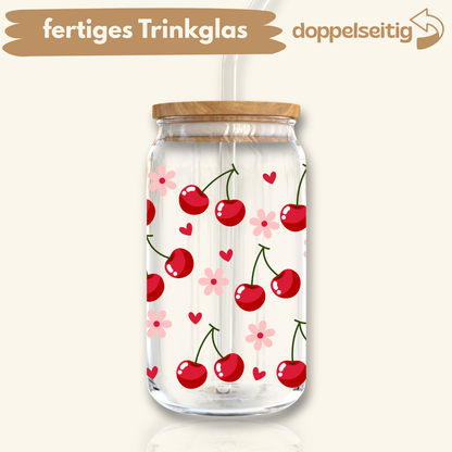 [ Doppelseitig ] 500 ml Trinkglas mit Deckel und Strohhalm | cherry