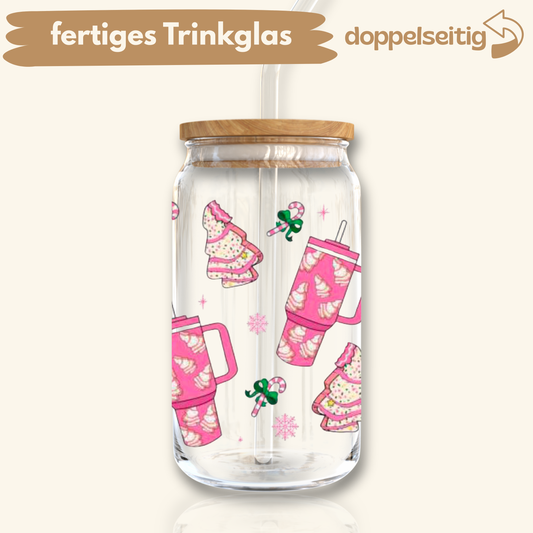 [ Doppelseitig ] 500 ml Trinkglas mit Deckel und Strohhalm | Winter Tumblr