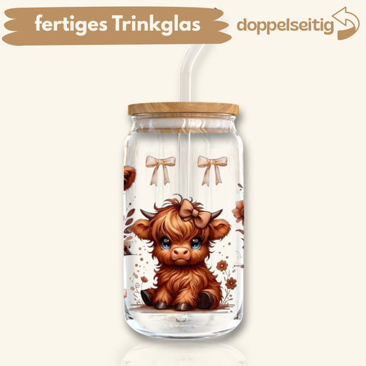 [ Doppelseitig ] 500 ml Trinkglas mit Deckel und Strohhalm | Hochlandkuh