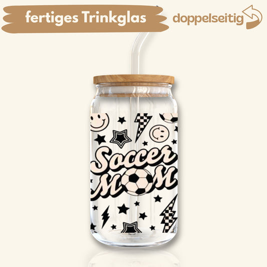 [ Doppelseitig ] 500 ml Trinkglas mit Deckel und Strohhalm | Soccer Mom