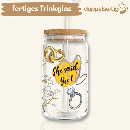 [ Doppelseitig ] 500 ml Trinkglas mit Deckel und Strohhalm | she said yes