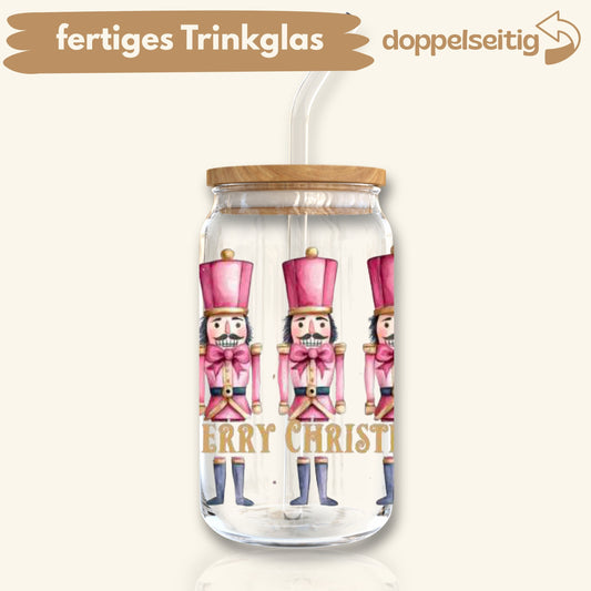 [ Doppelseitig ] 500 ml Trinkglas mit Deckel und Strohhalm | Nussknacker pink