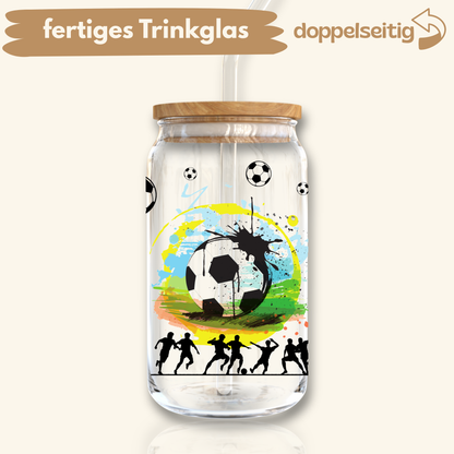 [ Doppelseitig ] 500 ml Trinkglas mit Deckel und Strohhalm | Fußball