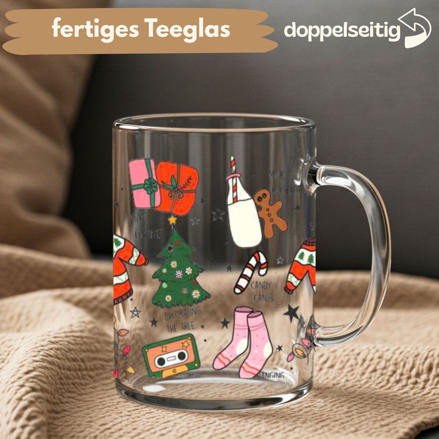 [ Doppelseitig ] 450 ml Teeglas mit Griff / Henkel | X-Mas Sprüche