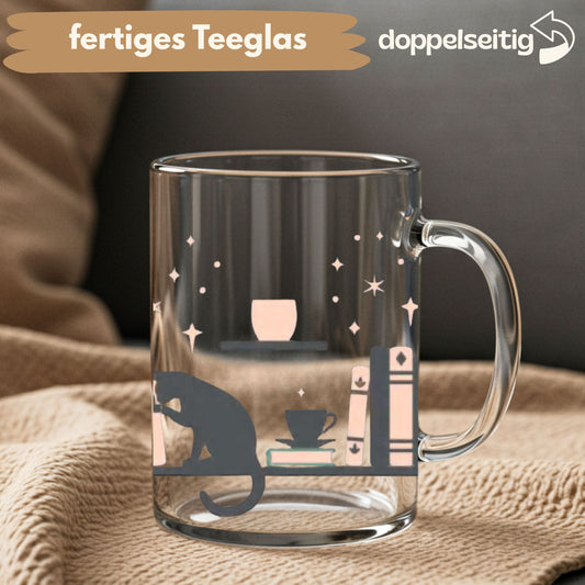 [ Doppelseitig ] 450 ml Teeglas mit Griff / Henkel | Katze Regal