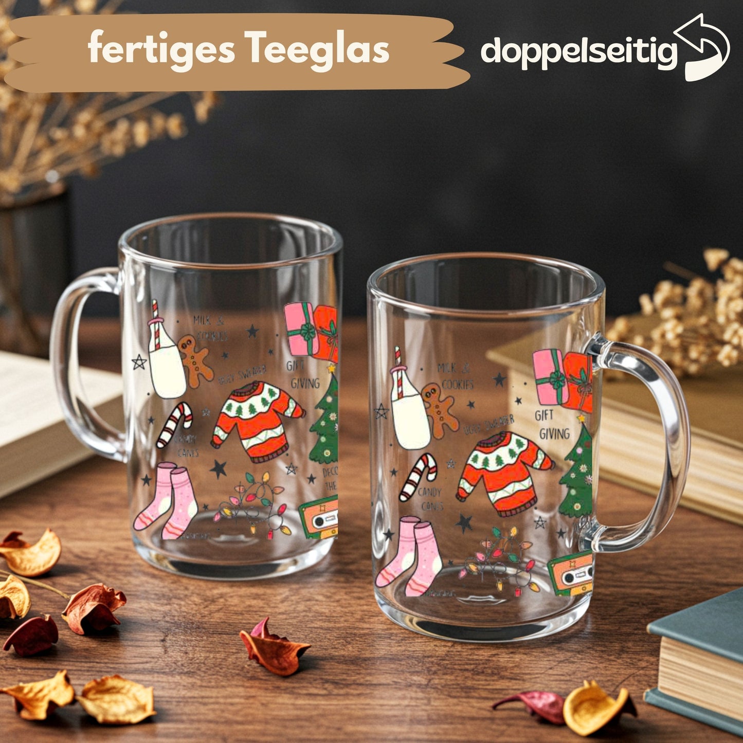 [ Doppelseitig ] 450 ml Teeglas mit Griff / Henkel | X-Mas Sprüche
