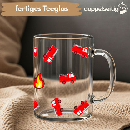 [ Doppelseitig ] 450 ml Teeglas mit Griff / Henkel | Feuerwehr