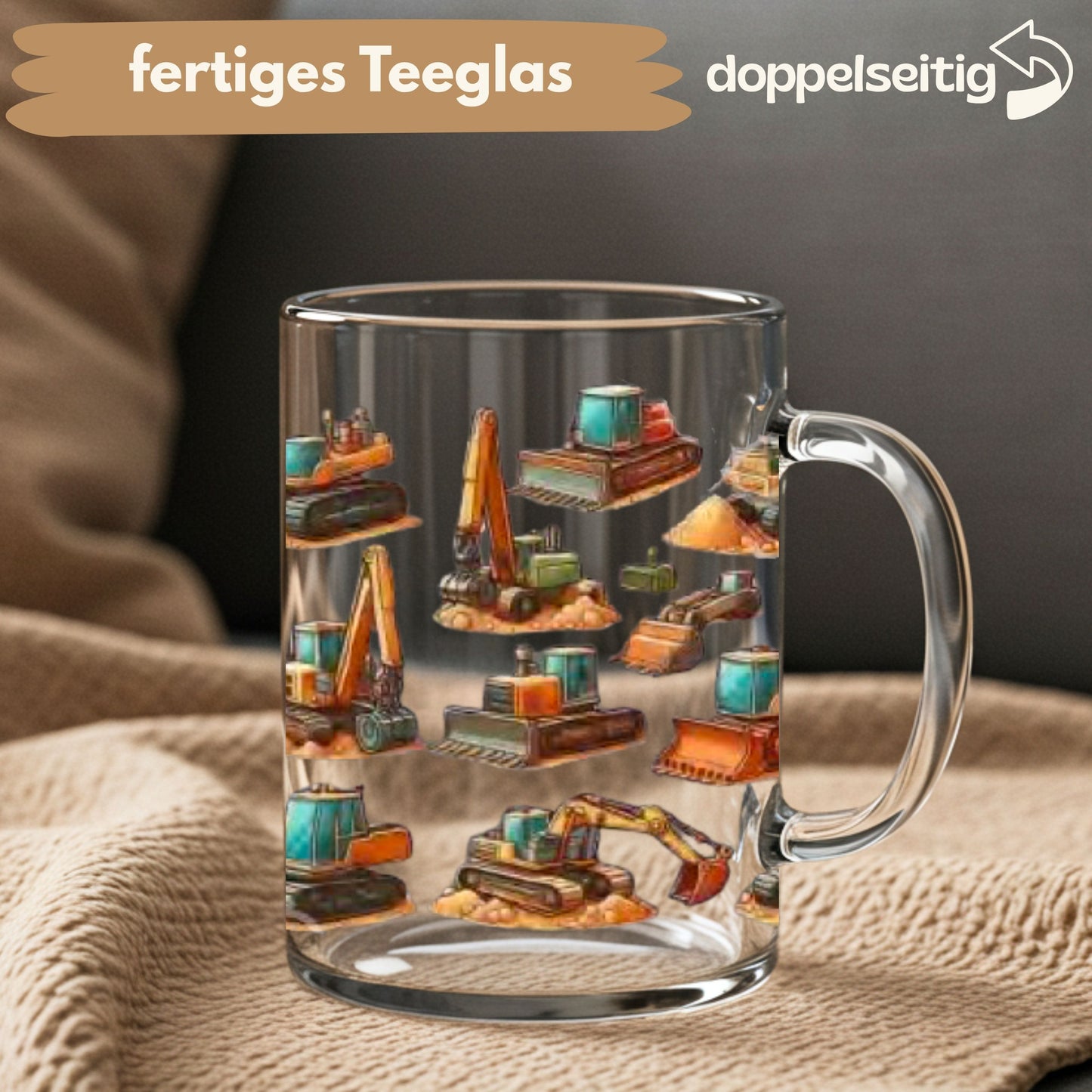 [ Doppelseitig ] 450 ml Teeglas mit Griff / Henkel | Bagger