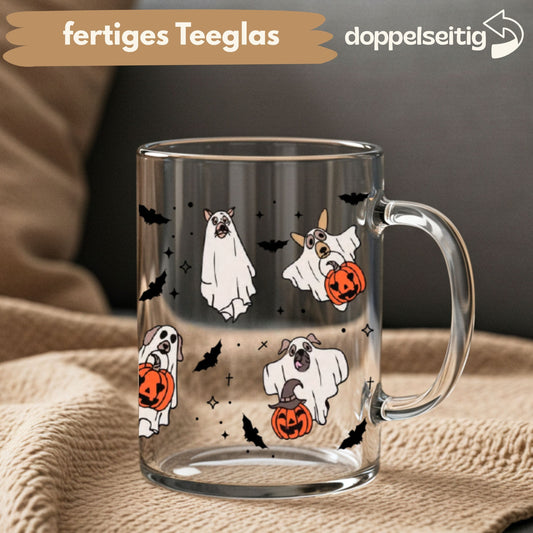 [ Doppelseitig ] 450 ml Teeglas mit Griff / Henkel | Halloween Hunde