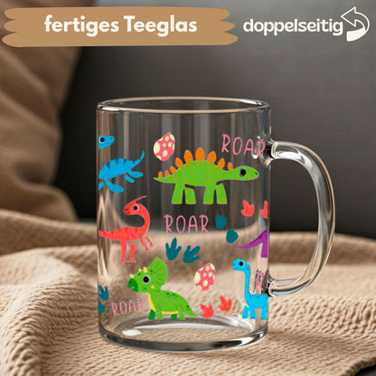 [ Doppelseitig ] 450 ml Teeglas mit Griff / Henkel | Dino