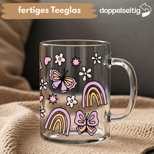 [ Doppelseitig ] 450 ml Teeglas mit Griff / Henkel | Schmetterling Regenbogen