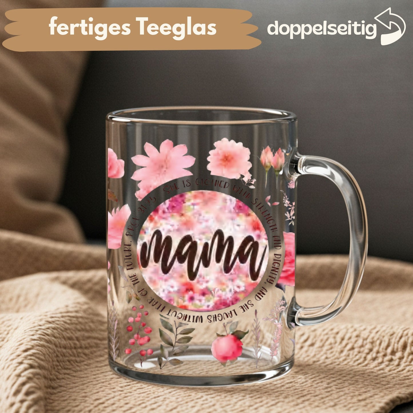 [ Doppelseitig ] 500 ml Teeglas mit Griff / Henkel | Mama